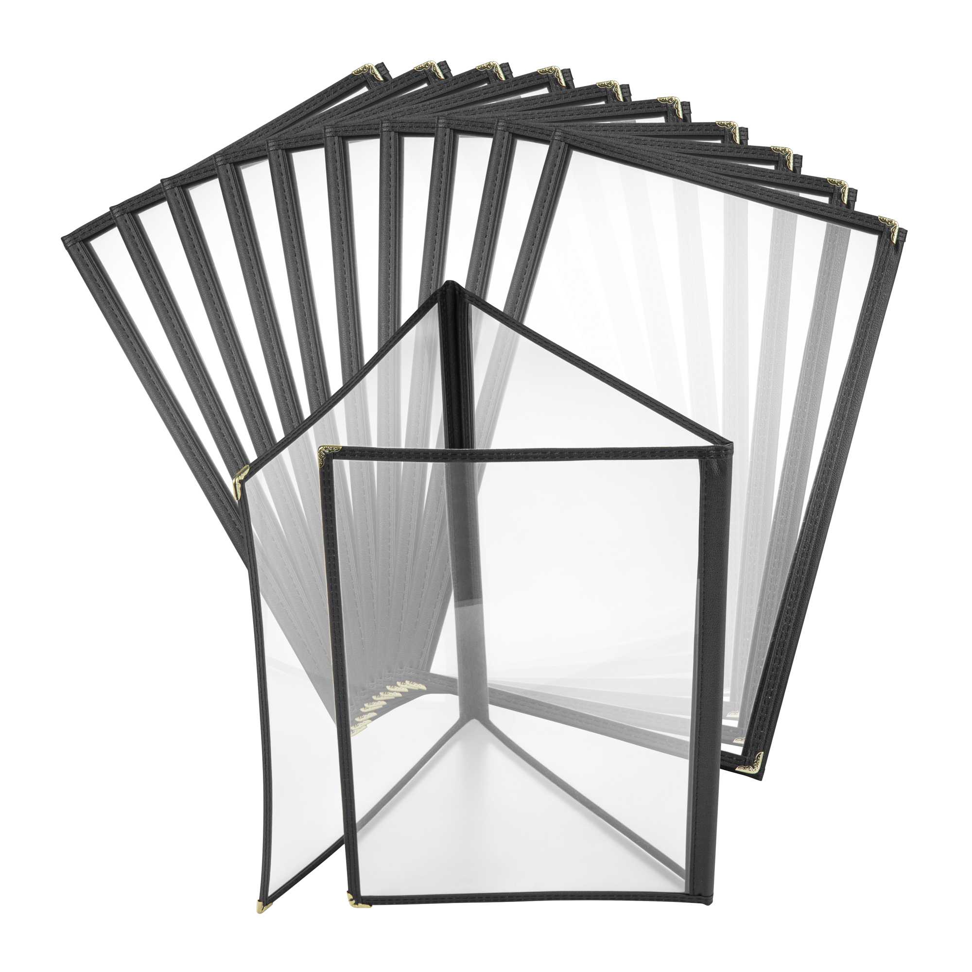Chef 101 Black Plastic 6-View Trifold Three Pocket Menu Cover - 8 1/2" x 14" - 12 count box