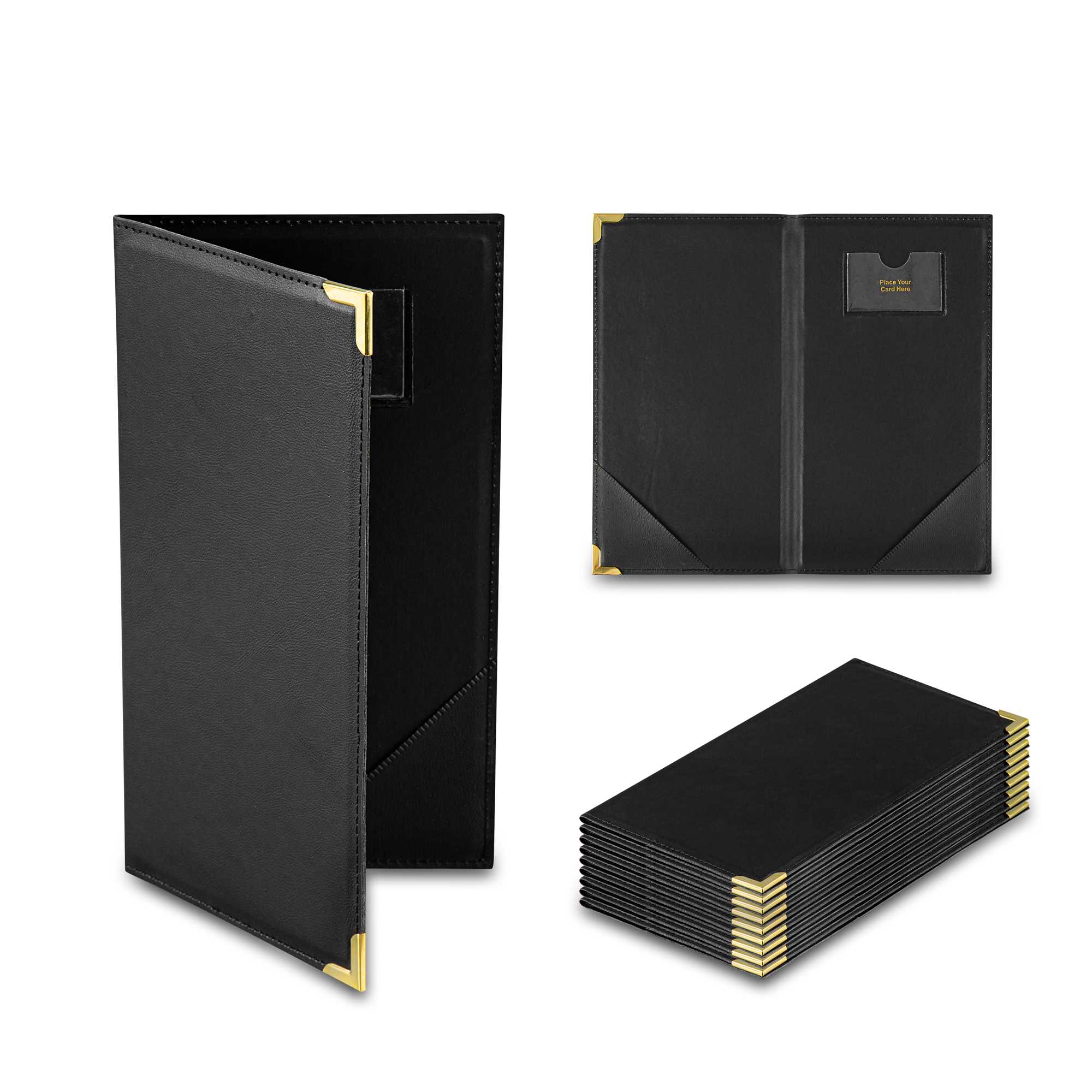Chef 101 Black Vinyl Guest Check Presenter - with Gold Corners - 5" x 9" - 1 count box