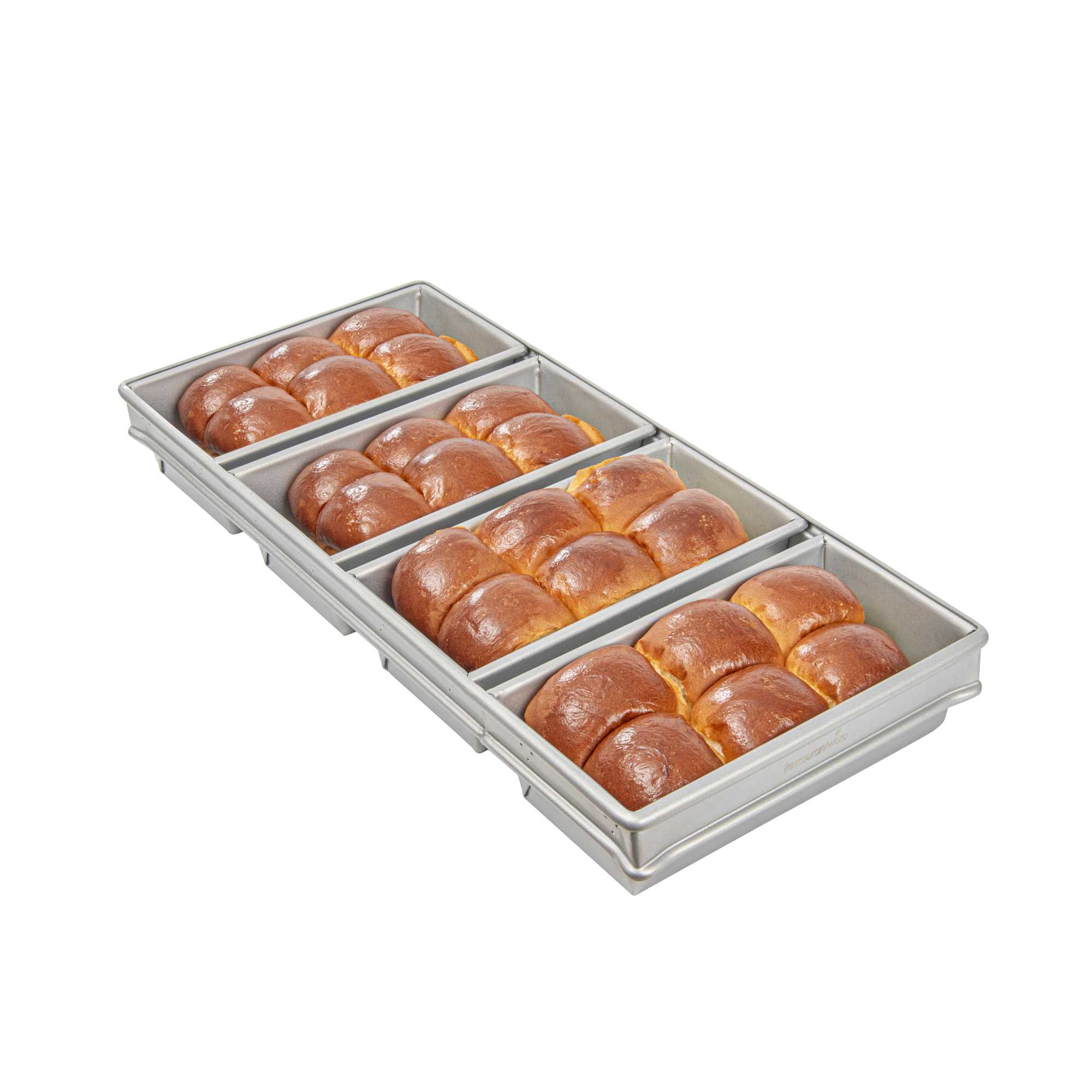 Pastry Tek 1 lb Glazed Aluminized Steel Bread Loaf Pan - 4 Strap - 22" x 9 3/4" x 3" - 6 count box