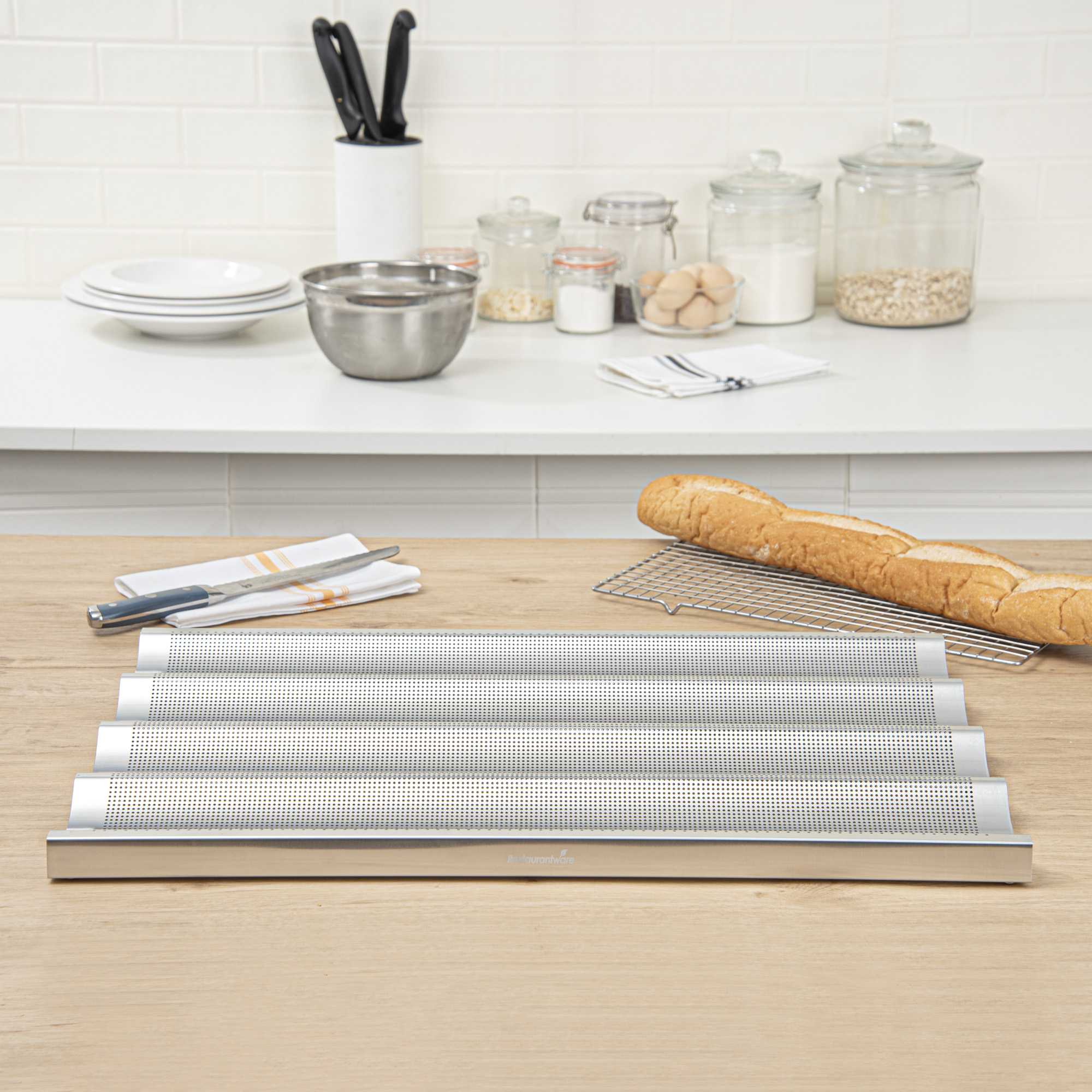 Pastry Tek Glazed Aluminum Baguette / French Bread Pan - 4 Loaf Compartments - 26" x 18" x 1 1/4" - 6 count box