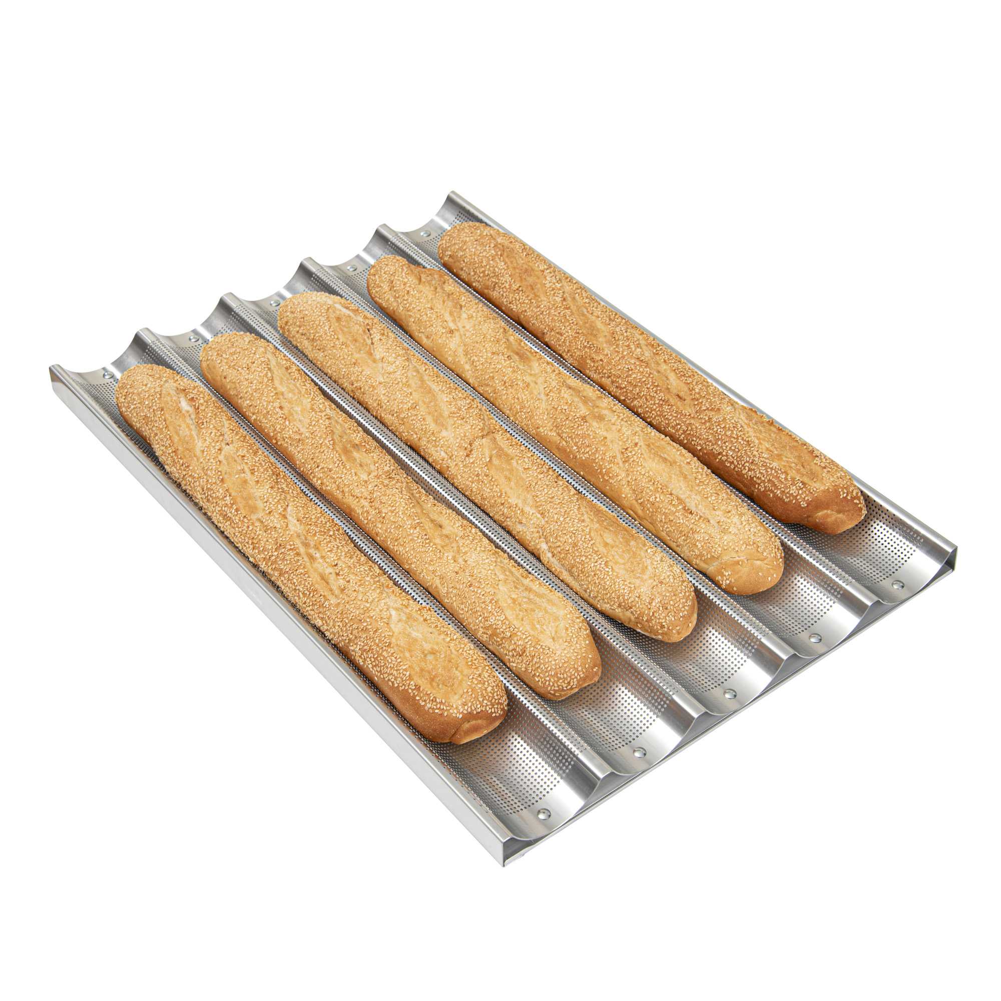 Pastry Tek Glazed Aluminum Baguette / French Bread Pan - 5 Loaf Compartments - 26" x 18" x 1 1/4" - 1 count box