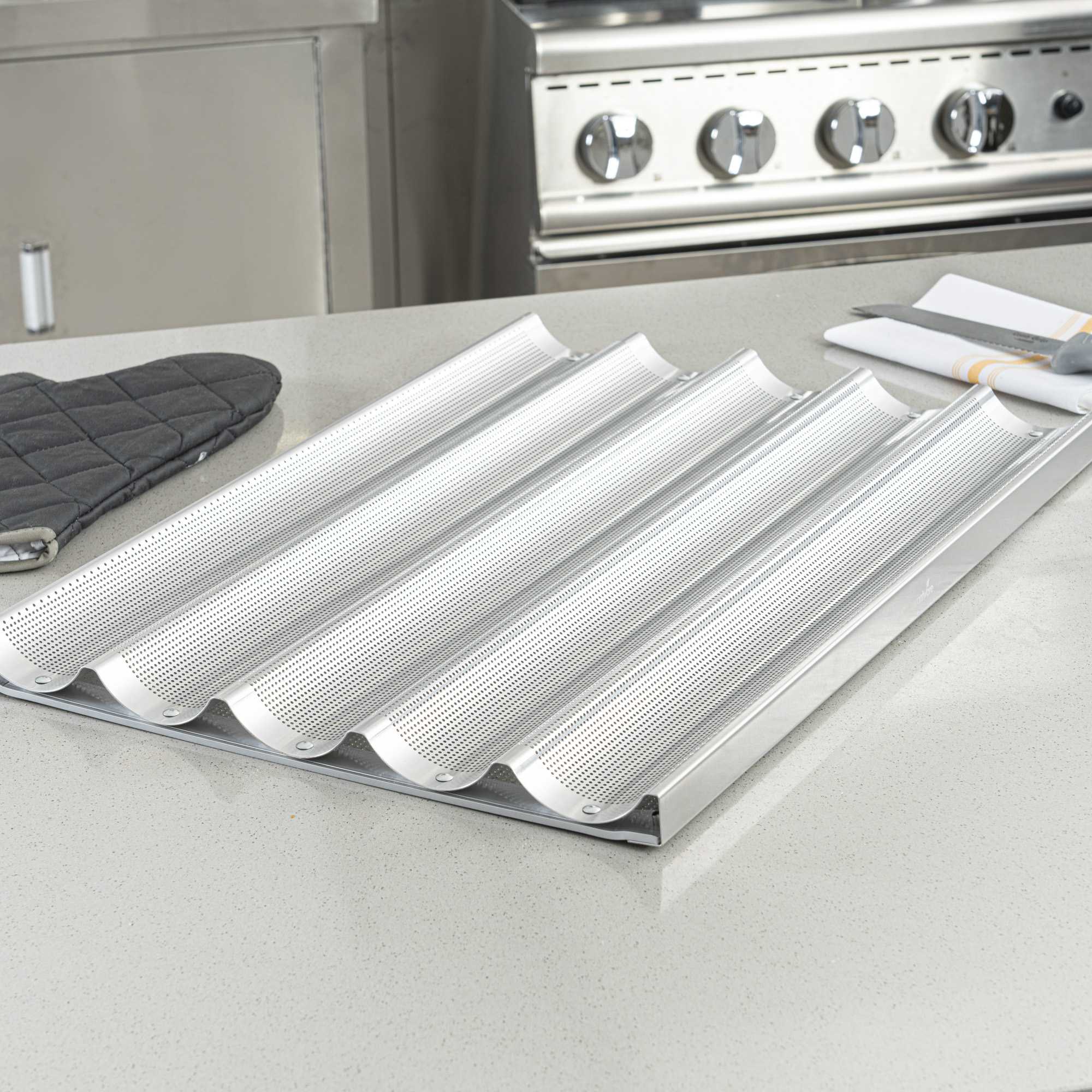 Pastry Tek Glazed Aluminum Baguette / French Bread Pan - 5 Loaf Compartments - 26" x 18" x 1 1/4" - 1 count box