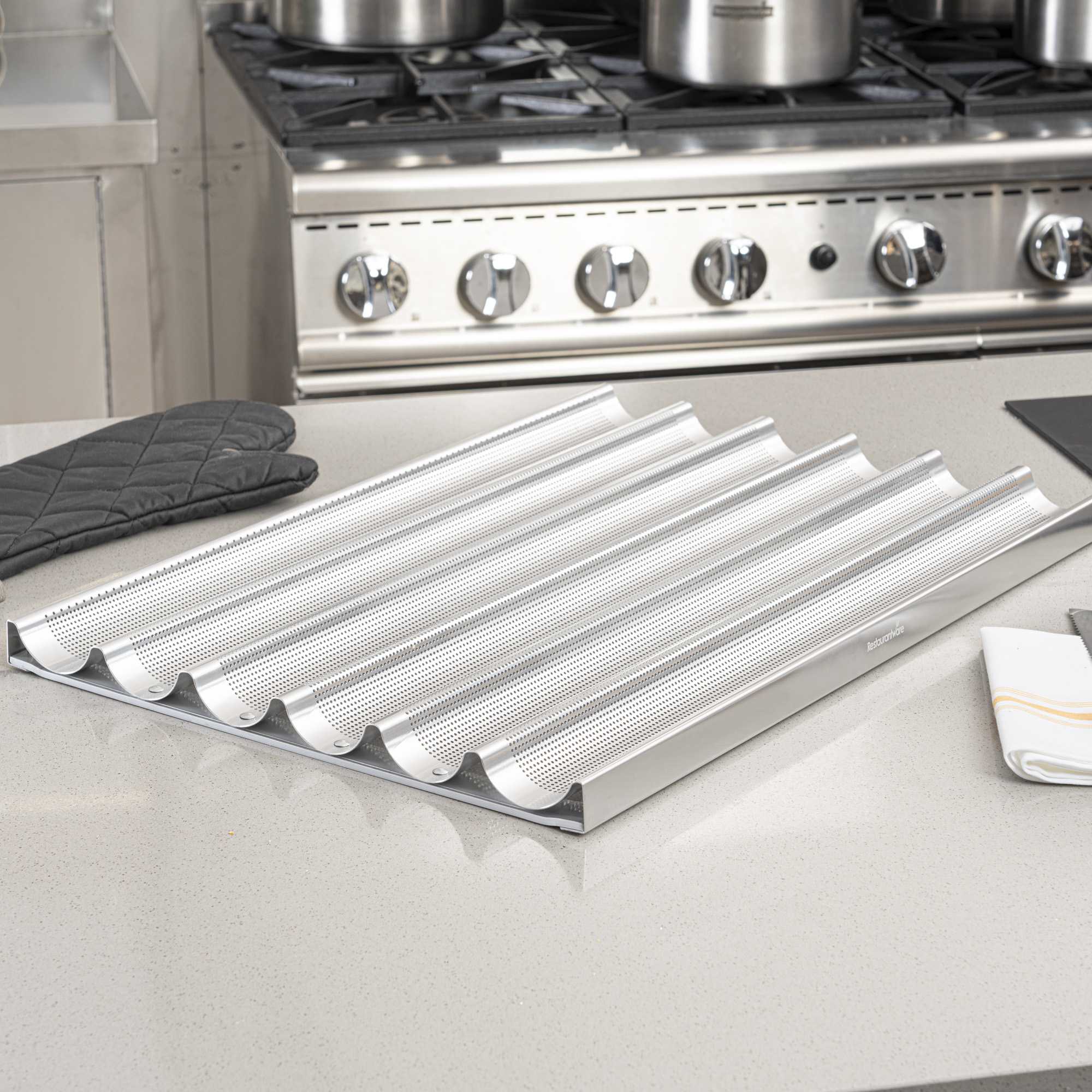 Pastry Tek Glazed Aluminum Baguette / French Bread Pan - 6 Loaf Compartments - 26" x 18" x 1 1/4" - 1 count box