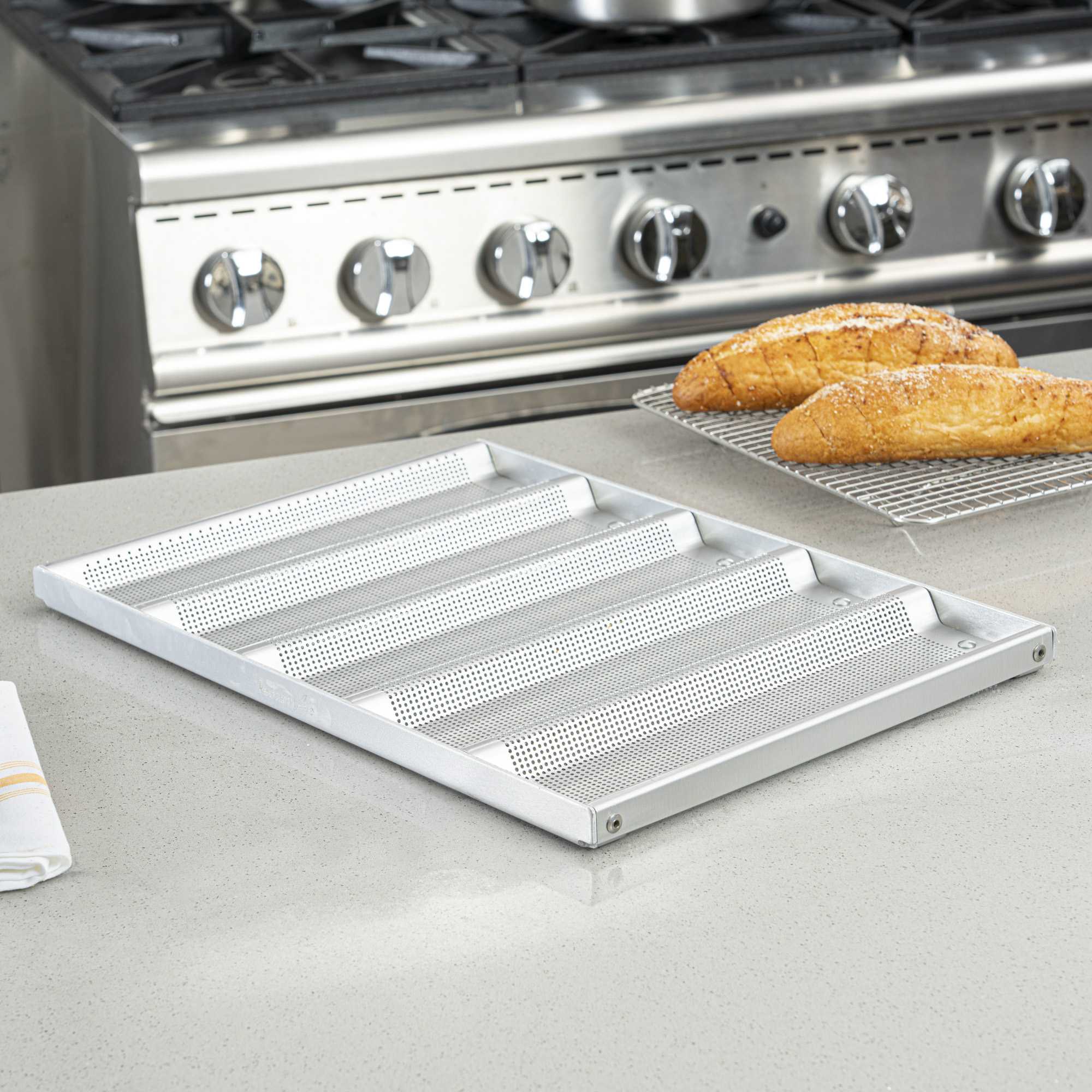 Pastry Tek Glazed Aluminum Sub Sandwich Roll Pan - 5 Molds - 18" x 12 3/4" - 12 count box