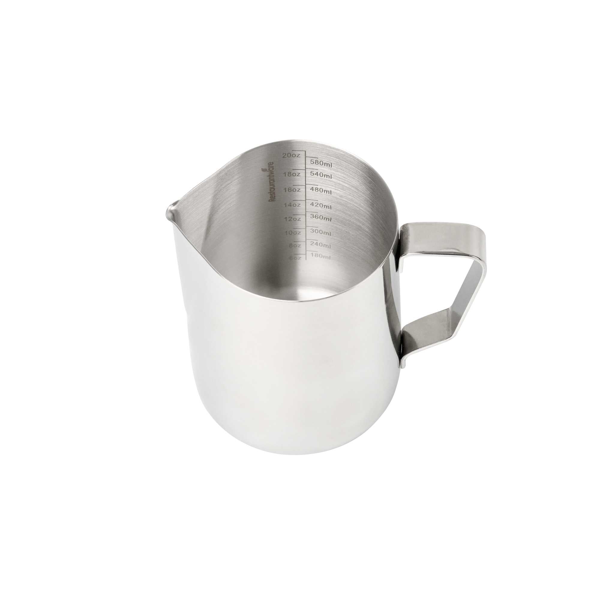 Restpresso 20 oz Silver Stainless Steel Frothing Pitcher - with Measuring Lines - 5" x 3 1/4" x 4 1/4" - 50 count box