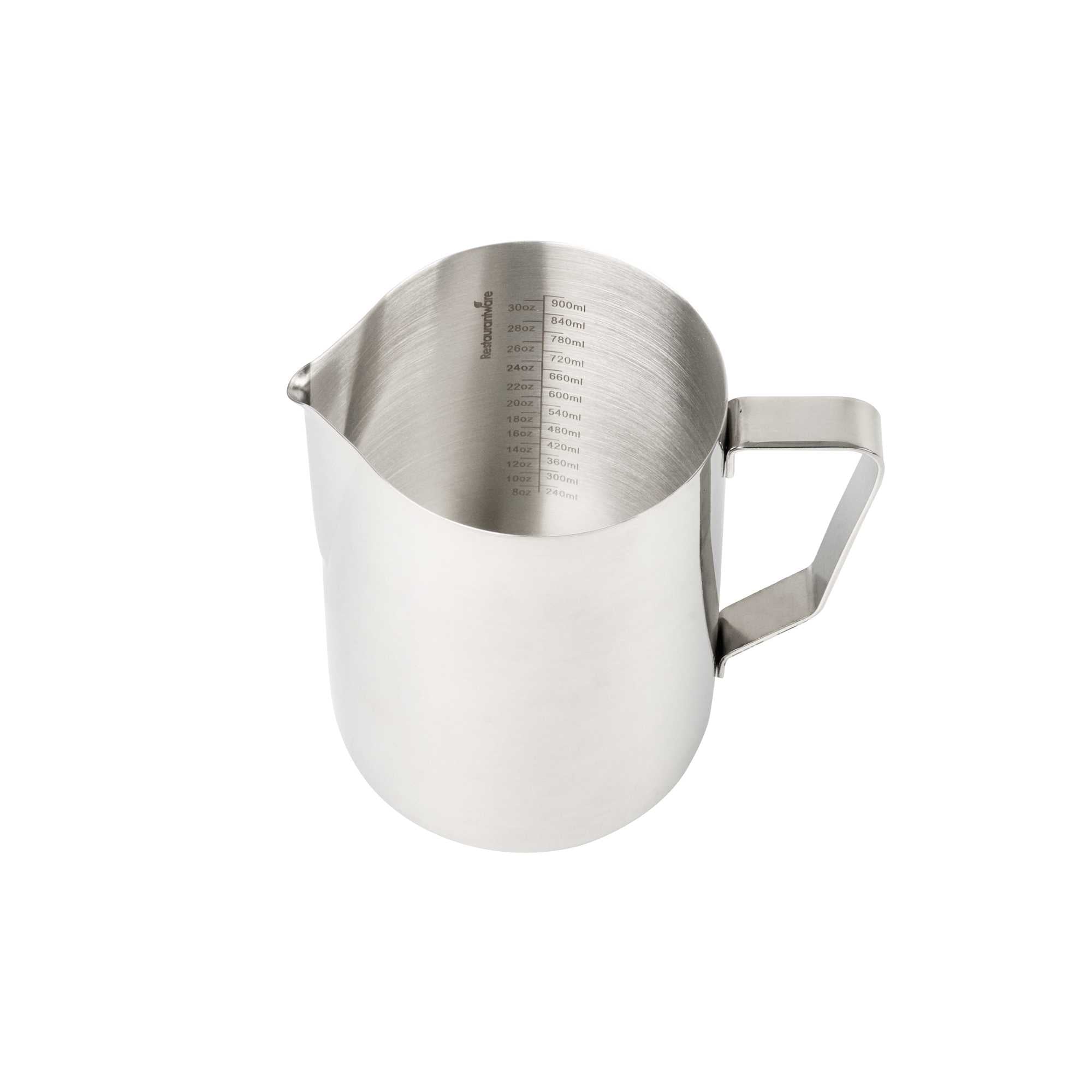 Restpresso 33 oz Silver Stainless Steel Frothing Pitcher - with Measuring Lines - 6" x 3 1/2" x 5 1/2" - 50 count box